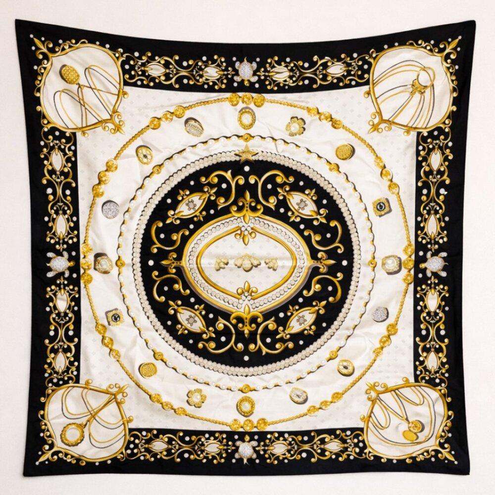 Vintage Joan Rivers 100% Silk Scarf | Black Gold Baroque Jewelry Print Square